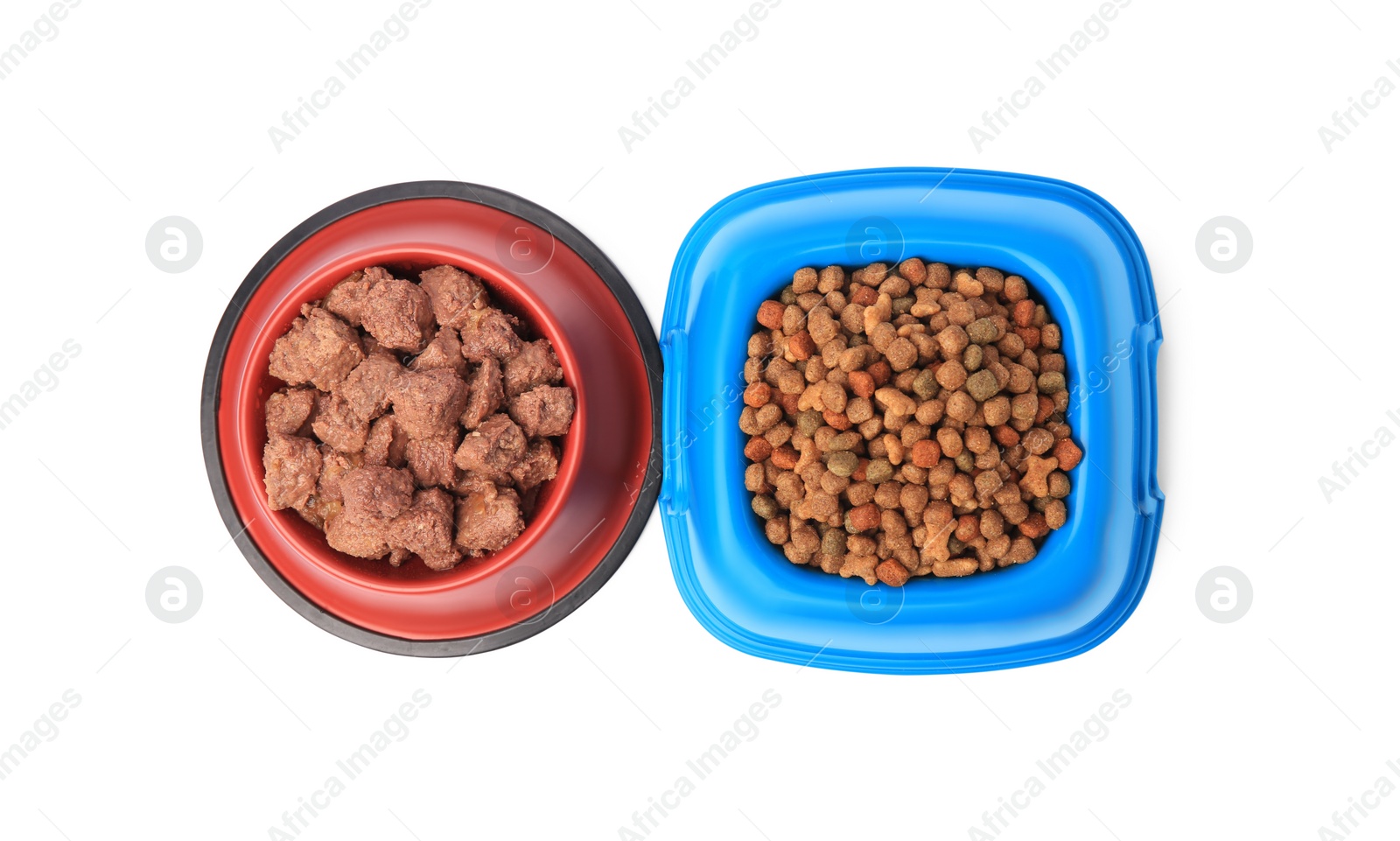 Photo of Dry and wet pet food in feeding bowls isolated on white, top view