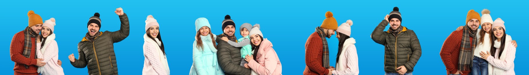Collage with photos of people wearing warm clothes on blue background, banner design. Winter vacation