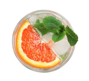 Photo of Delicious refreshing drink with sicilian orange, fresh mint and ice cubes in glass isolated on white, top view