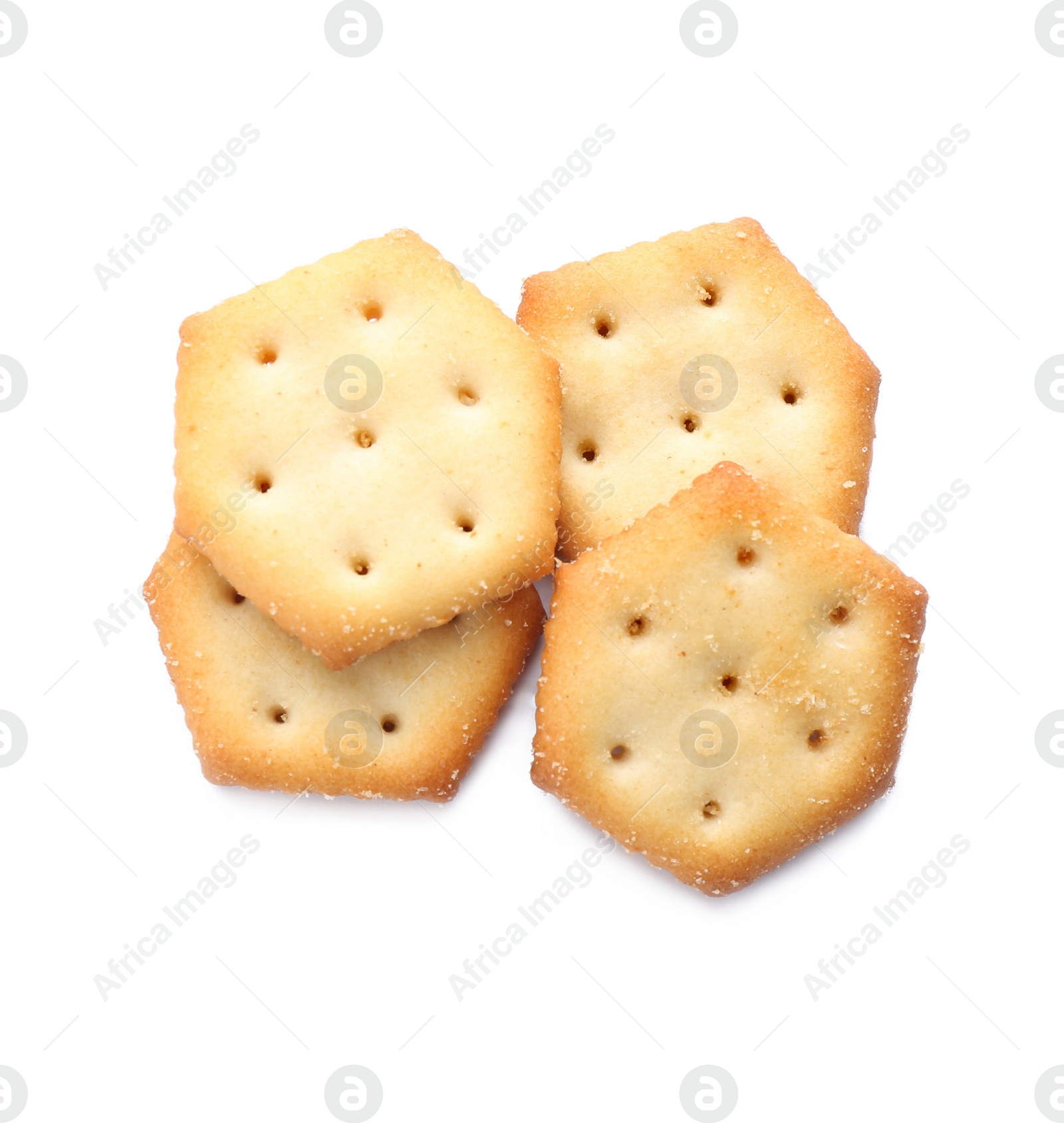 Photo of Delicious crispy crackers isolated on white, top view