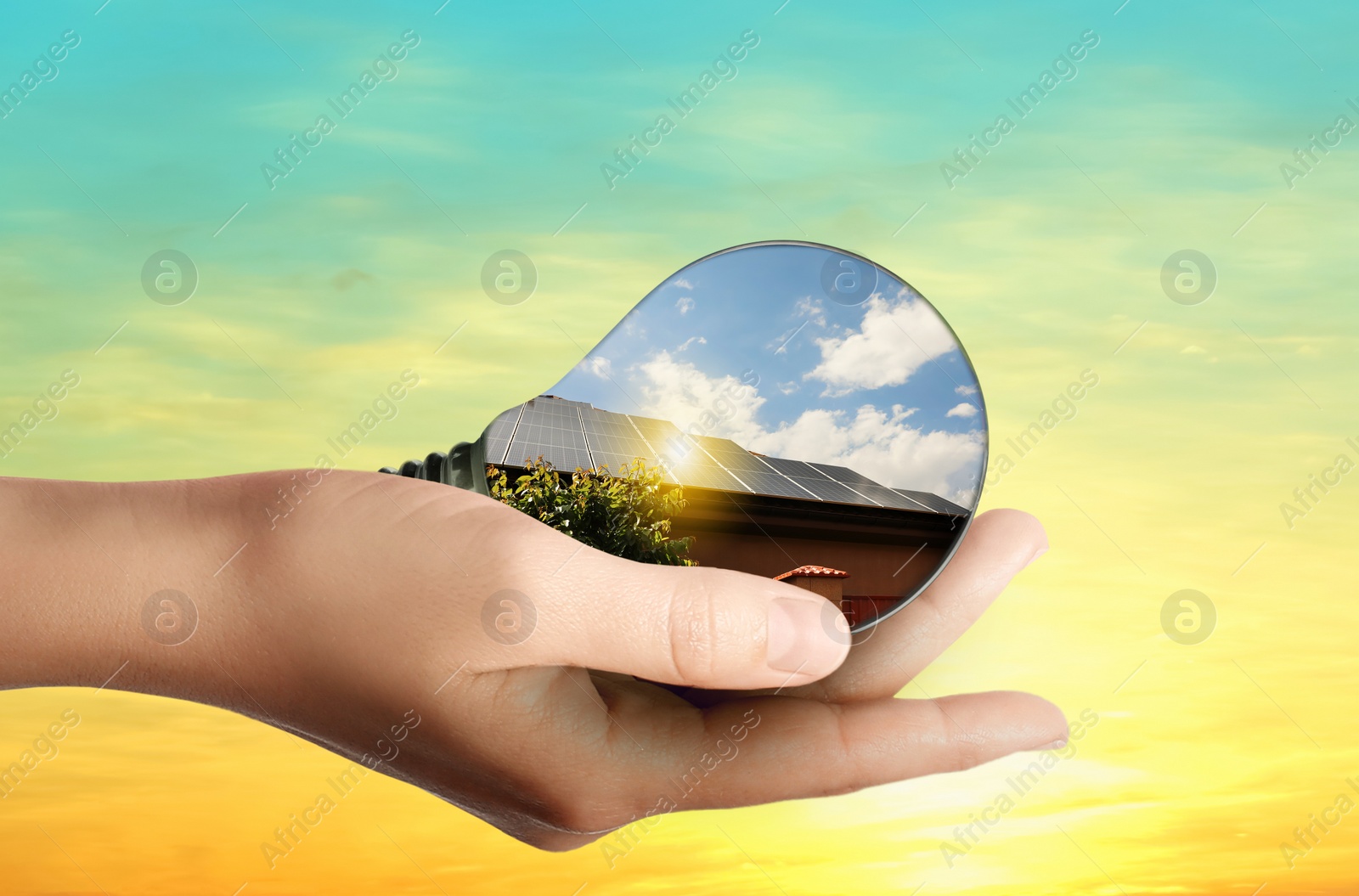 Image of Alternative energy source. Woman holding light bulb with solar panels, closeup