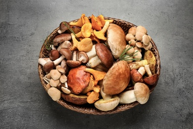 Photo of Different fresh wild mushrooms on grey table, top view