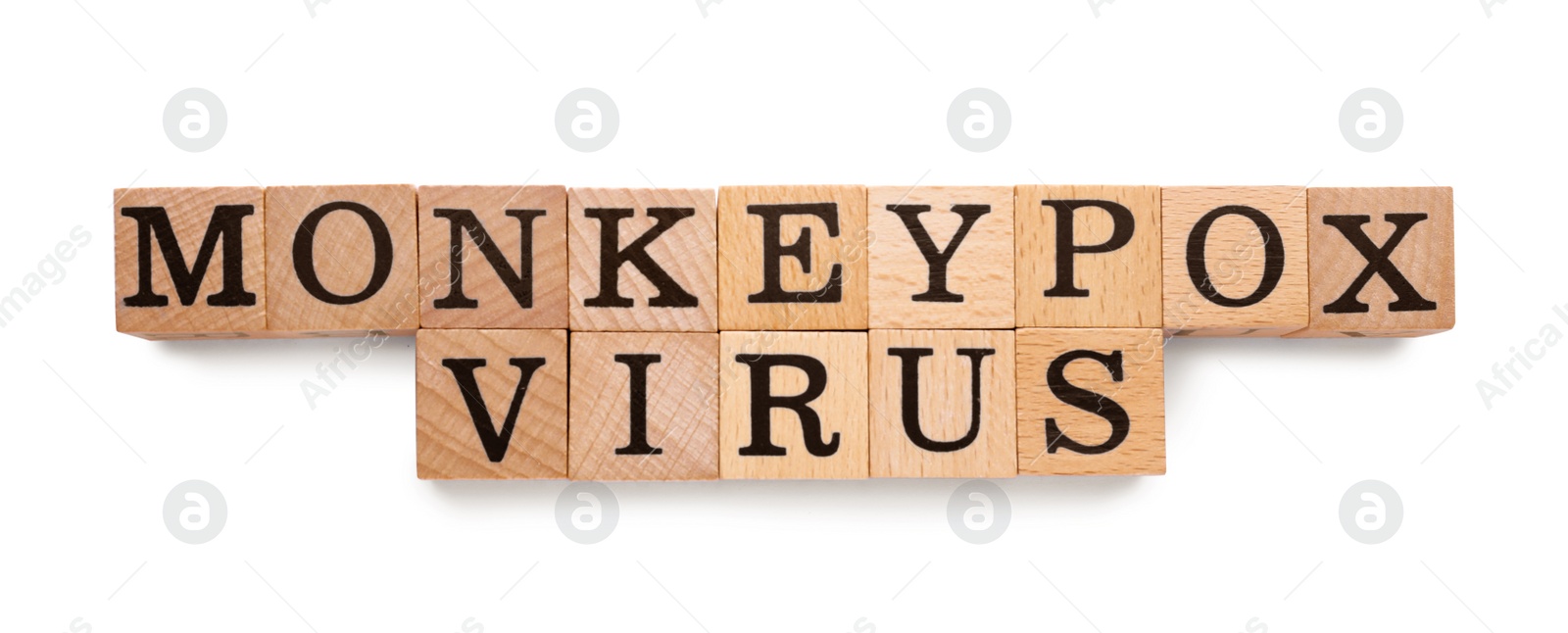 Photo of Words Monkeypox Virus made of wooden cubes with letters on white background, top view