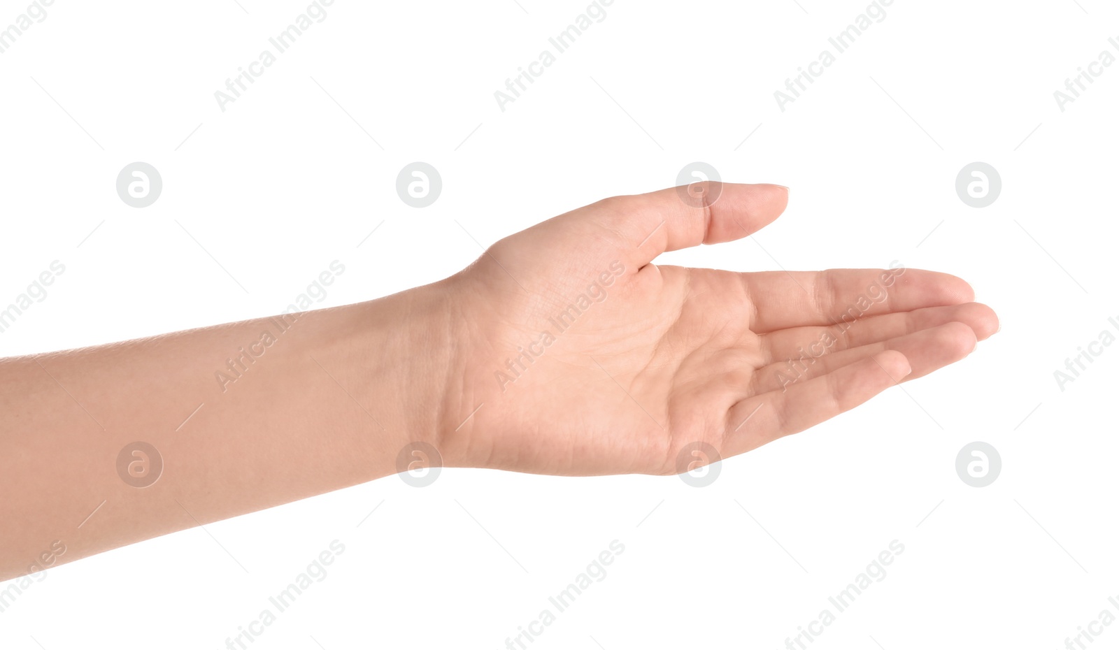 Photo of Abstract young woman's hand on white background