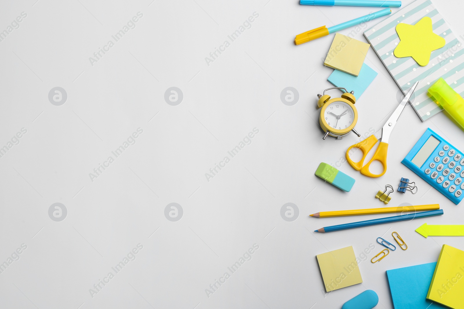 Photo of School stationery on white background, flat lay with space for text. Back to school