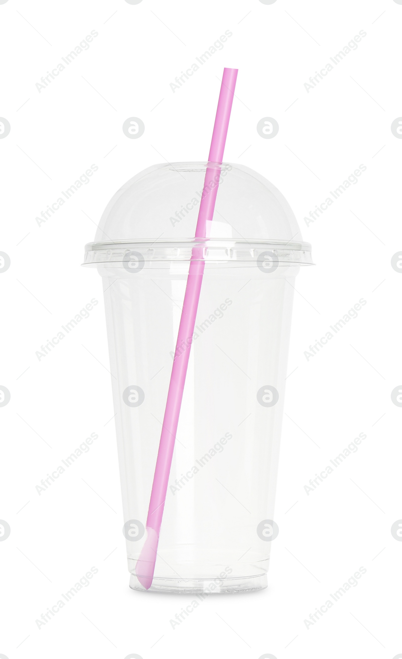 Photo of Empty plastic cup with straw isolated on white