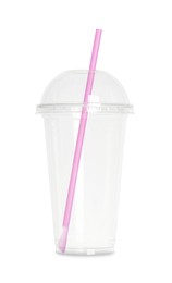 Empty plastic cup with straw isolated on white