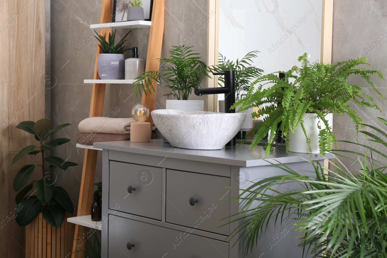 Photo of Modern bathroom interior with stylish vessel sink and beautiful green houseplants