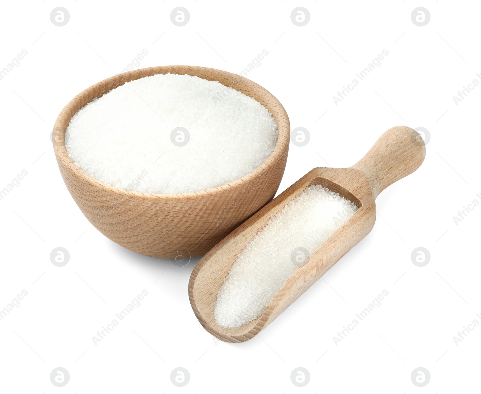 Photo of Granulated sugar in bowl and scoop isolated on white