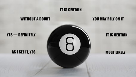 Image of Magic eight ball on white wooden table and positive predictions around it. Banner design