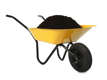 Photo of Wheelbarrow with soil isolated on white. Gardening tool