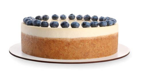 Photo of Delicious cheesecake with blueberries isolated on white
