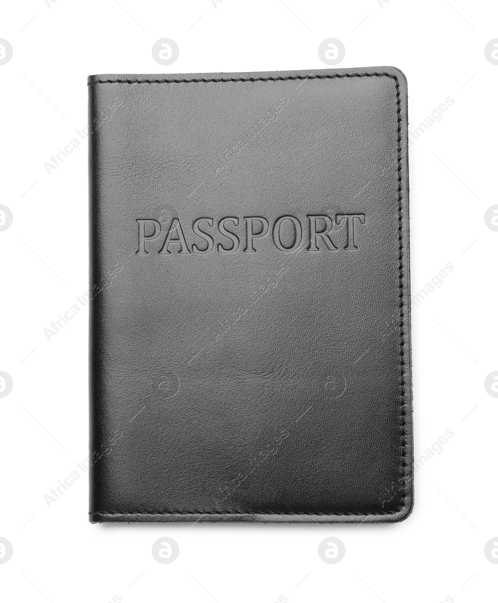 Photo of Passport in black leather case isolated on white, top view