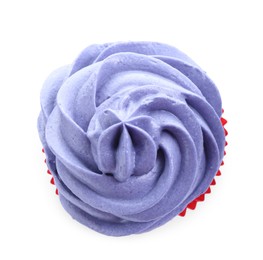 Delicious cupcake with violet cream isolated on white, top view