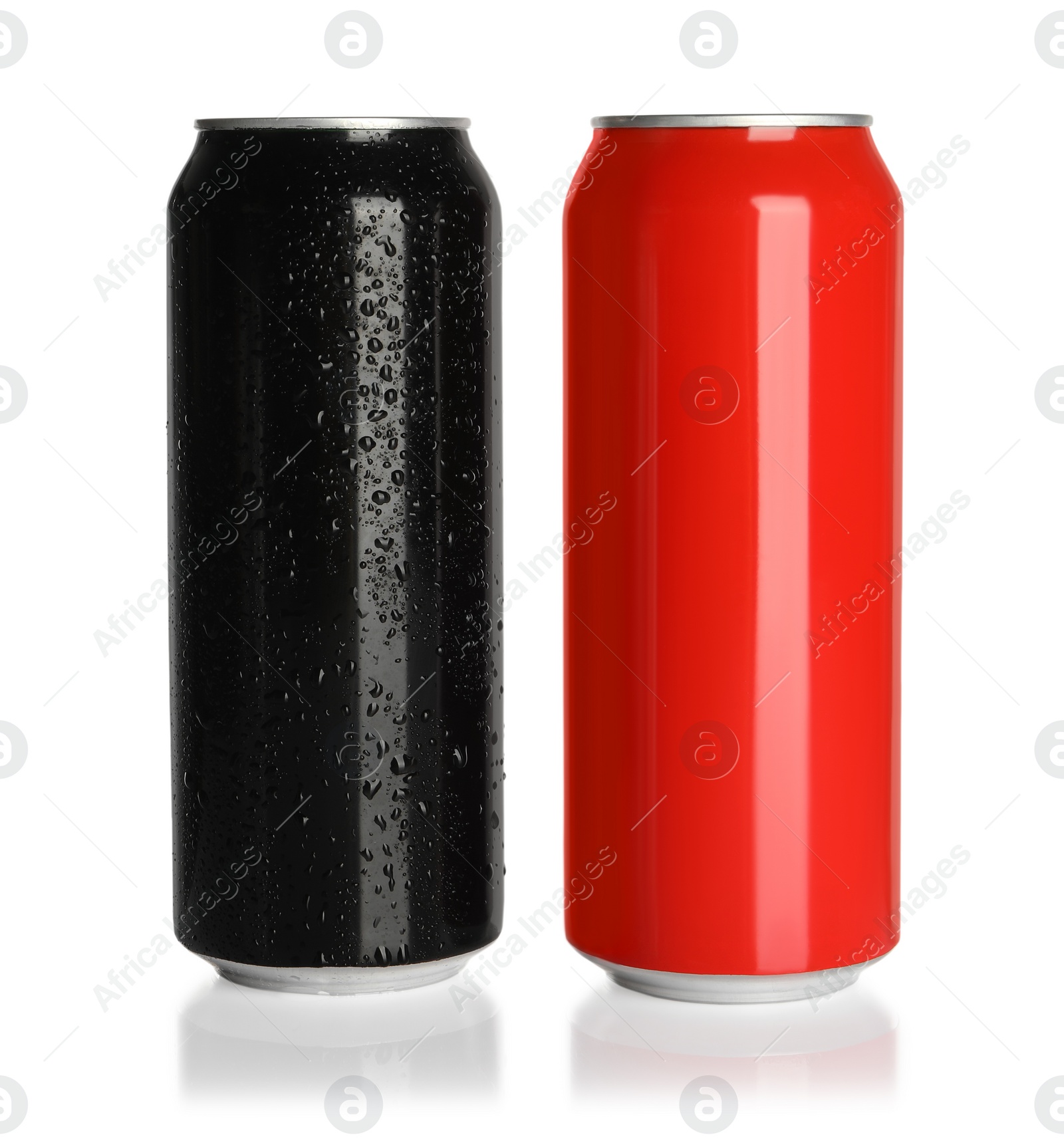 Photo of Aluminum cans with drinks on white background