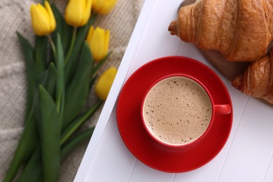 Photo of Morning coffee and croissants on white wooden tray, flat lay