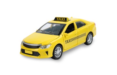 Yellow taxi car isolated on white. Children's toy
