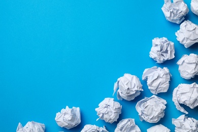 Photo of Frame made of paper balls on color background, flat lay. Space for text