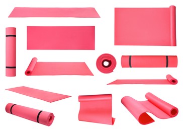 Image of Set with pink camping mats on white background 