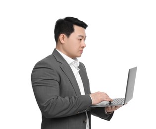 Photo of Businessman in suit working on laptop against white background