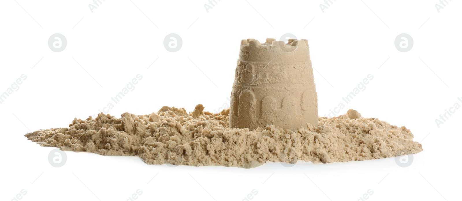 Photo of Pile of sand with castle on white background. Outdoor play