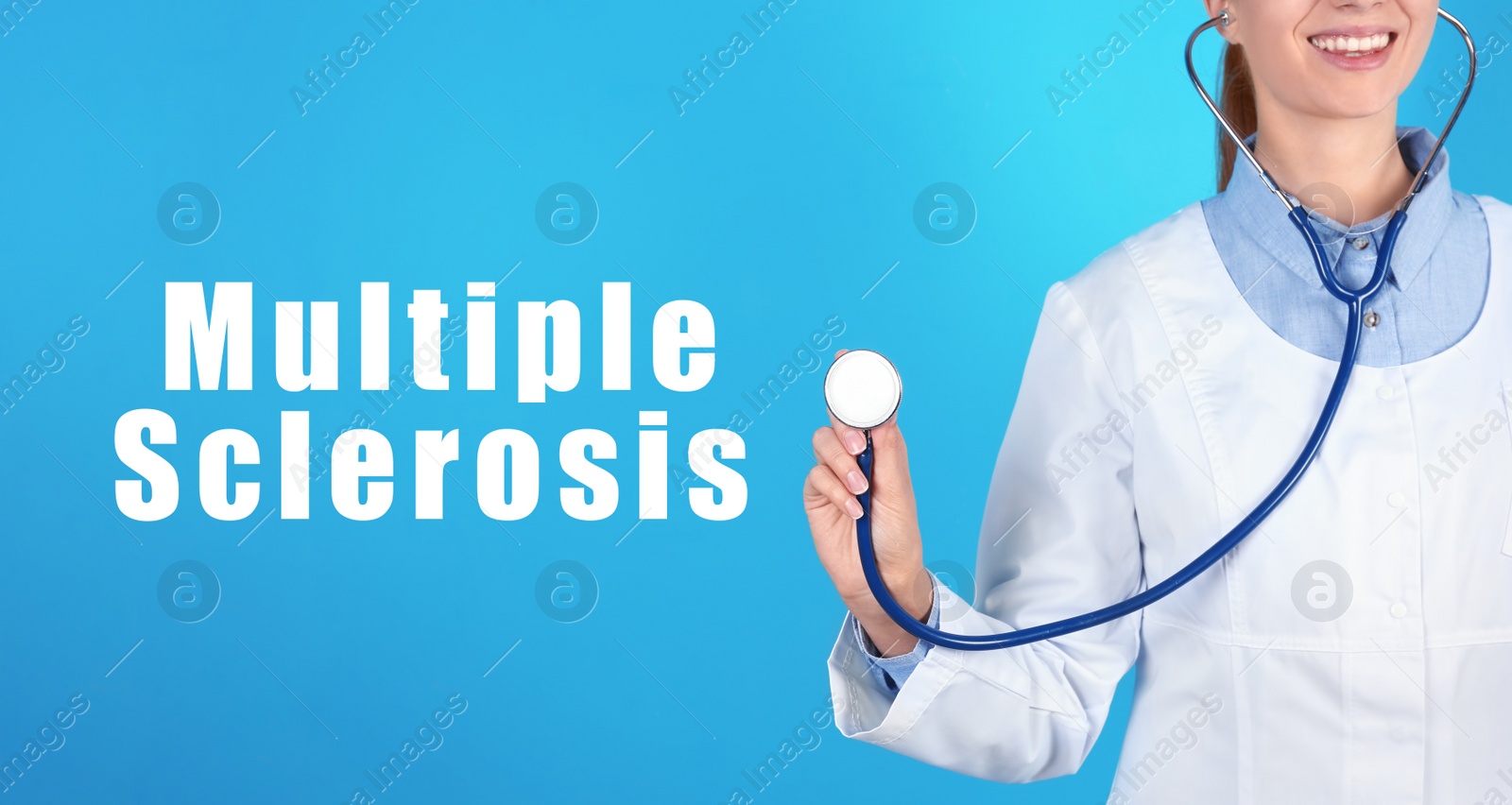 Image of Multiple Sclerosis concept. Doctor with stethoscope on turquoise background, closeup