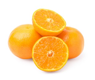 Photo of Fresh ripe juicy tangerines on white background