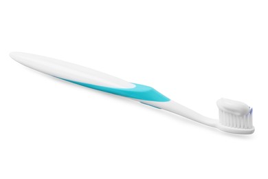 Photo of Plastic toothbrush with paste on grey background