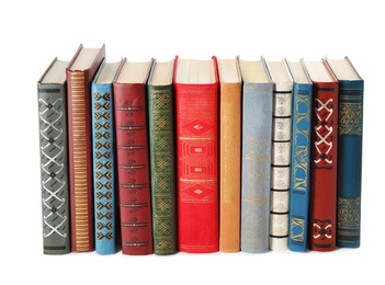 Photo of Stack of hardcover books on white background