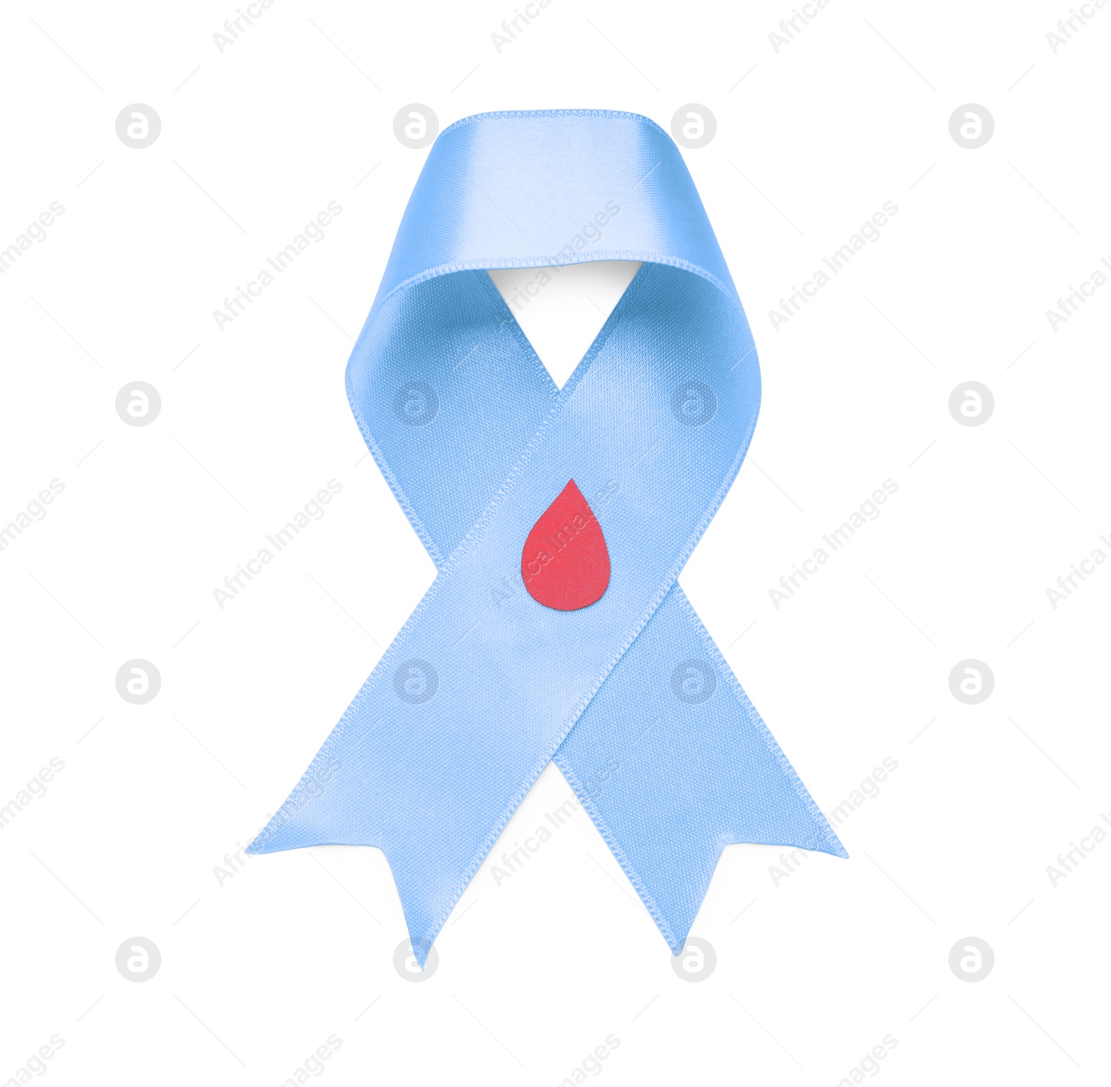 Photo of Light blue ribbon with paper blood drop on white background, top view. Diabetes awareness