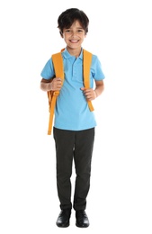 Photo of Happy boy in school uniform on white background