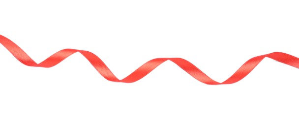 Photo of Beautiful red ribbon isolated on white, top view