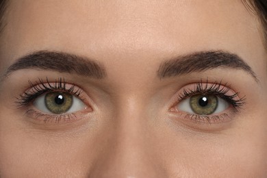 Photo of Young woman with permanent eyebrow makeup, closeup