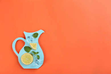 Photo of Creative lemonade layout with lemon slices, mint and ice cubes on coral background, top view. Space for text