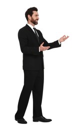Photo of Handsome man greeting someone on white background