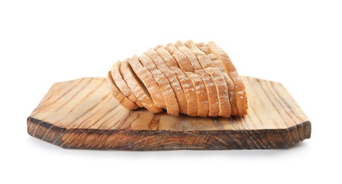 Photo of Wooden board with tasty bread on white background
