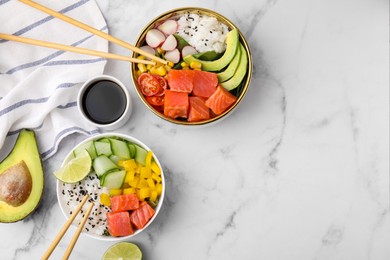 Photo of Delicious poke bowls with different ingredients on white marble table, flat lay. Space for text