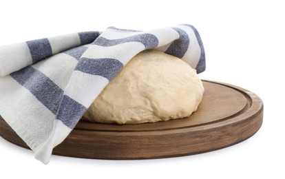 Photo of Fresh yeast dough and towel isolated on white