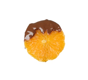 Photo of Tasty orange slice dipped into chocolate fondue on white background