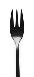 Photo of New black dessert fork isolated on white, top view