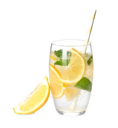 Photo of Cool freshly made lemonade in glass isolated on white