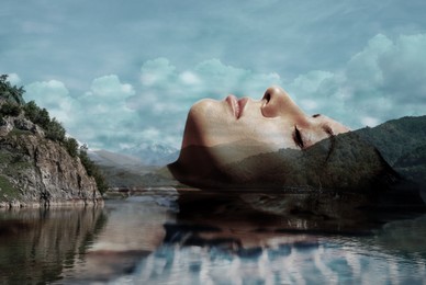Image of Double exposure of beautiful woman and lake between hills