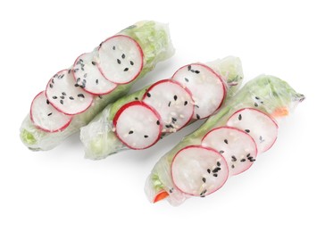 Photo of Delicious spring rolls wrapped in rice paper isolated on white, top view