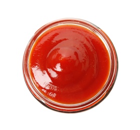 Photo of Tasty homemade tomato sauce in glass jar on white background, top view