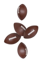 Image of Many American football balls flying on white background