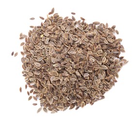 Photo of Heap of dry dill seeds isolated on white, top view