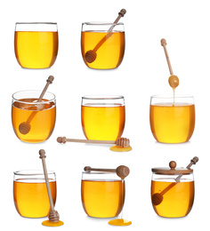 Image of Set of organic delicious honey on white background