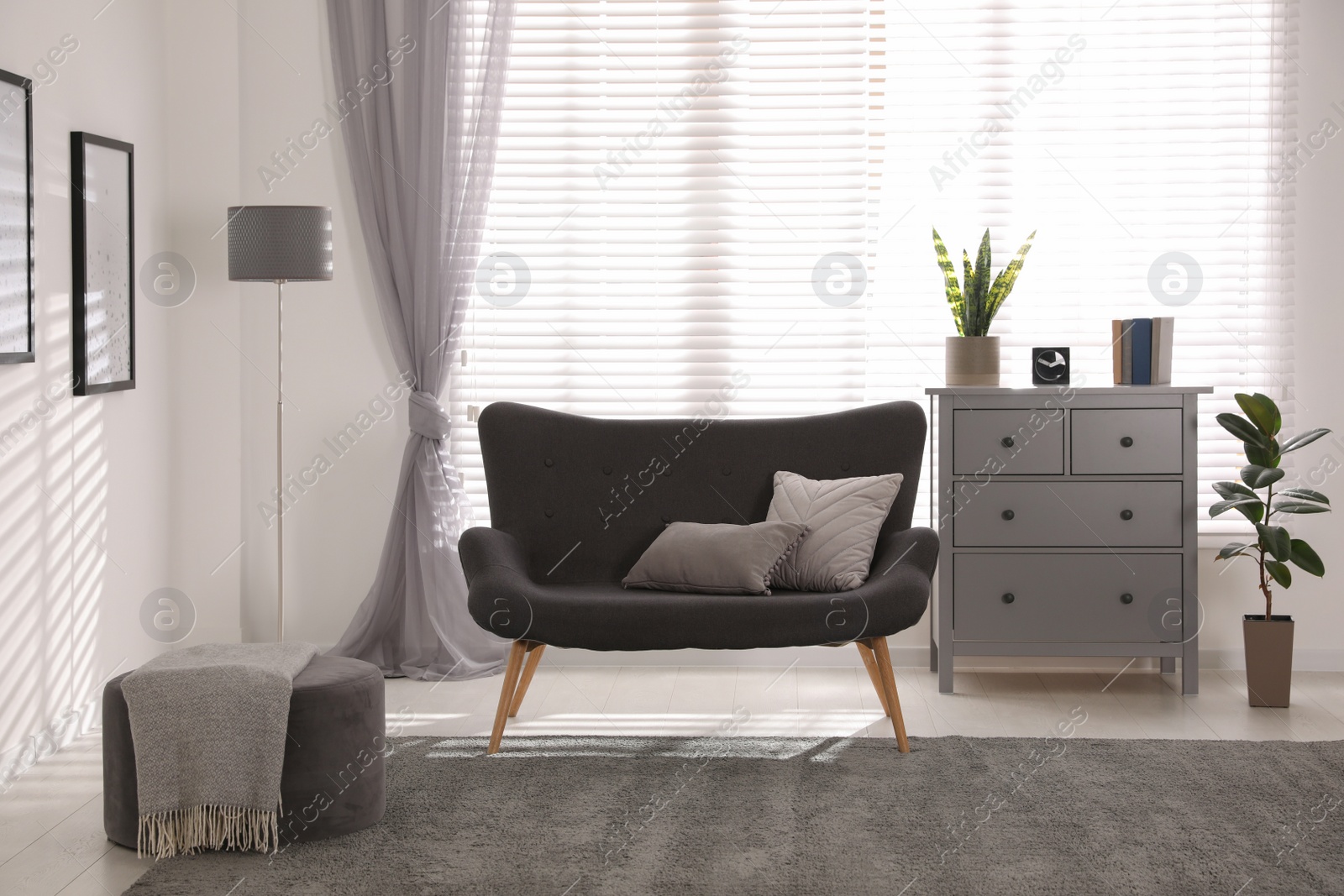Stylish living room interior with comfortable sofa near window Photo of Stylish living room interior with comfortable sofa near window