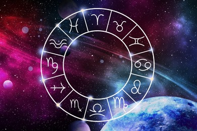 Image of Zodiac wheel showing 12 signs against space