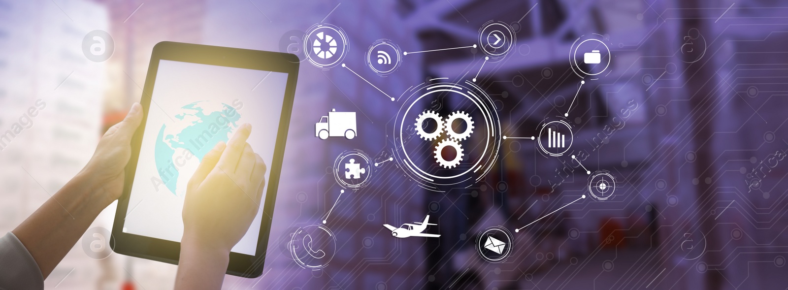 Wholesale and logistics concept. Closeup view of woman with modern tablet and different virtual icons in warehouse, banner design Image of Wholesale and logistics concept. Closeup view of woman with modern tablet and different virtual icons in warehouse, banner design
